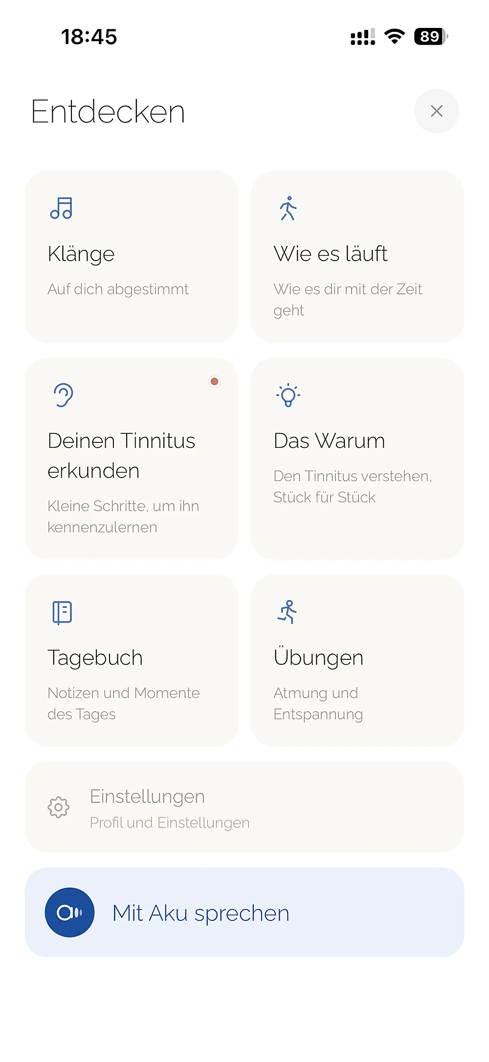 Der Entdecken-Bildschirm von Aku: Klänge, Wie es dir geht, Erkunde deinen Tinnitus, Das Warum, Tagebuch, Übungen