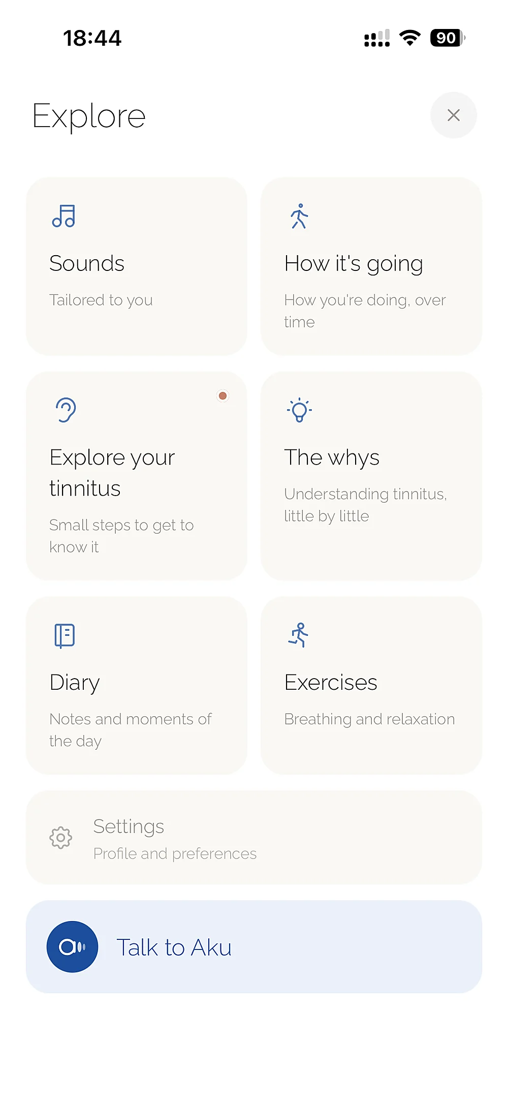 Aku's Explore screen: Sounds, How you're doing, Explore your tinnitus, The whys, Diary, Exercises