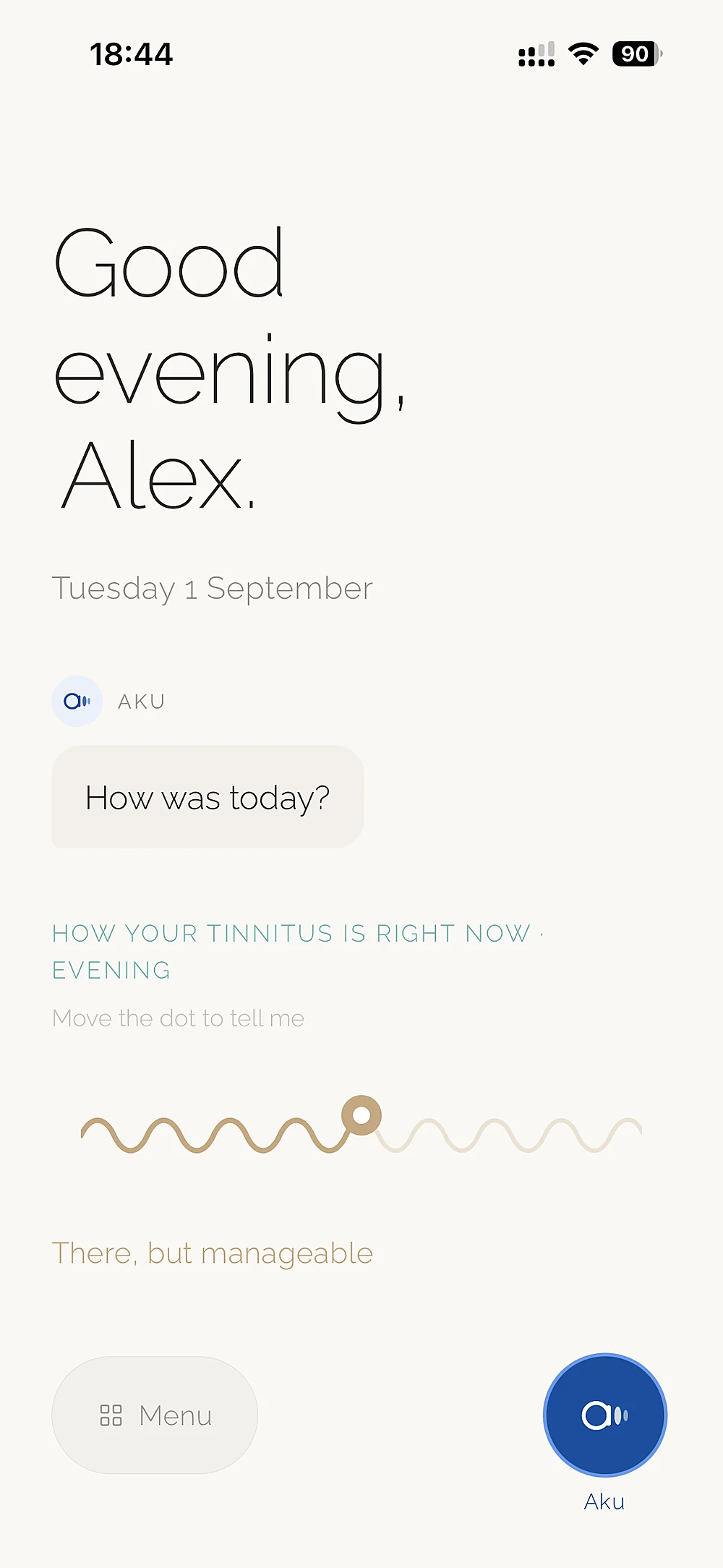 Aku's home screen: “Good evening, Alex”, the question “How was today?” and the slider to say how the tinnitus is tonight