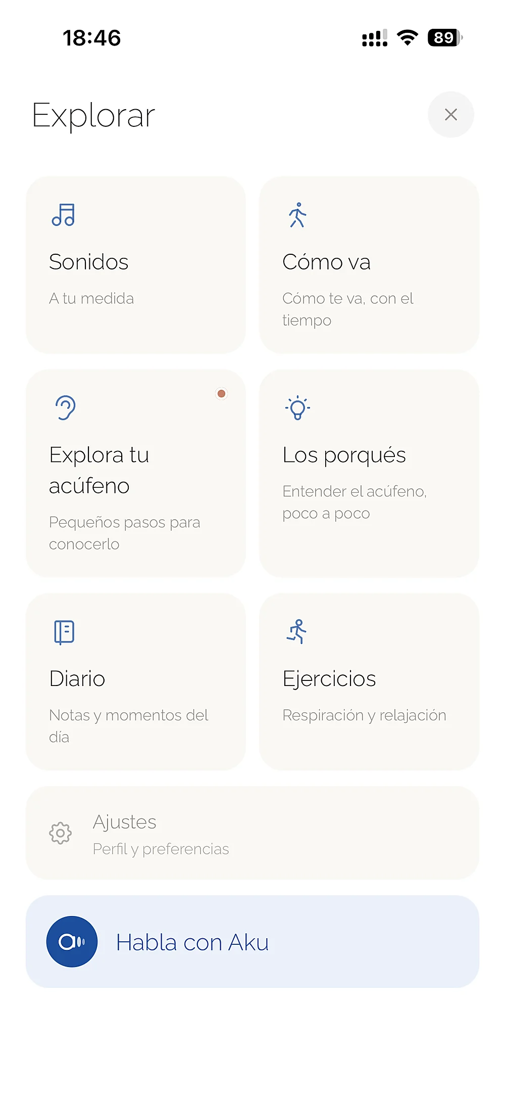 La pantalla Explorar de Aku: Sonidos, Cómo vas, Explora tus acúfenos, Los porqués, Diario, Ejercicios