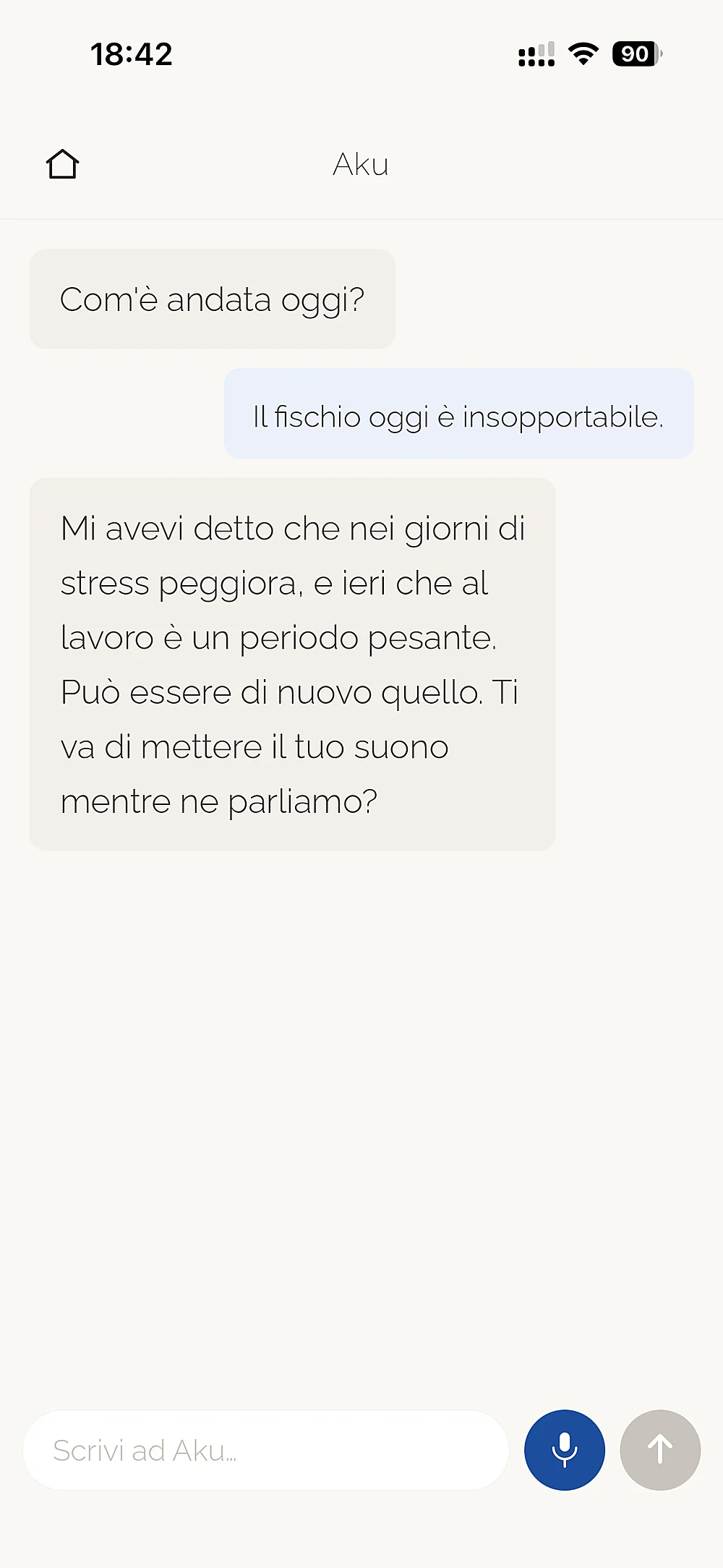 Una conversazione in Aku: la persona scrive che oggi il fischio è insopportabile e Aku ricorda quello che le aveva raccontato nei giorni precedenti