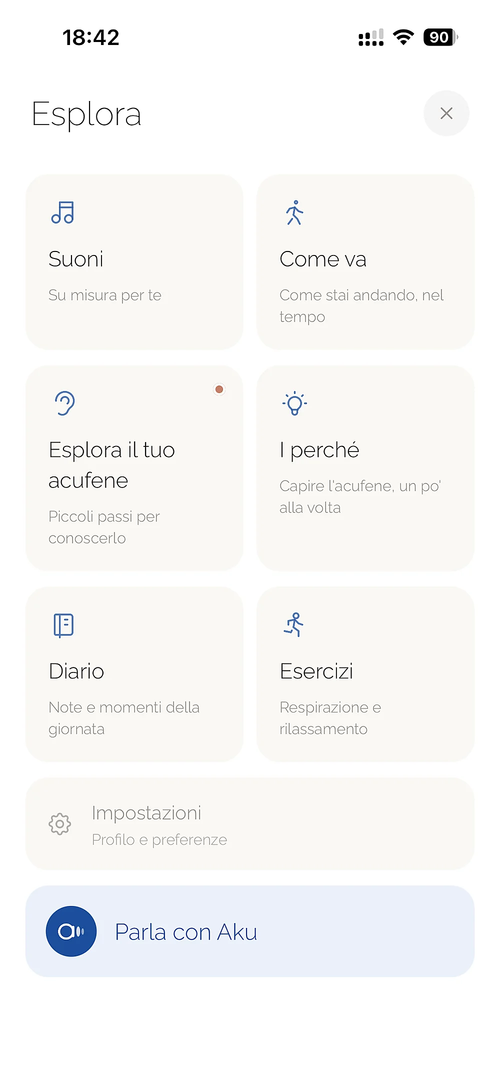 La schermata Esplora di Aku: Suoni, Come va, Esplora il tuo acufene, I perché, Diario, Esercizi